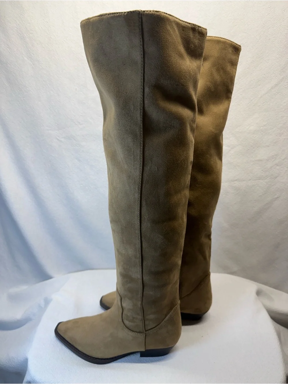 Savage Style Taupe Over-the-Knee Western Vibe Vegan Suede Boots Pointy Toe Sassy